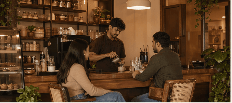 Cafe Brown counter with a barista preparing coffee