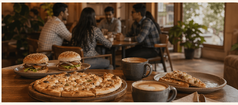 Cafe table with burgers, pizza, and coffee