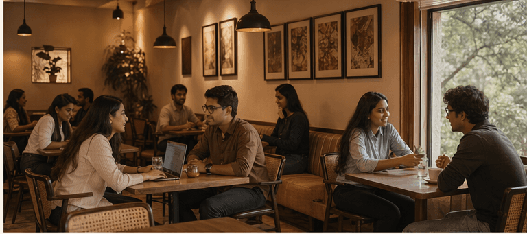 Warm sitting area at Cafe Brown with guests